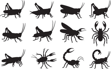 Grasshopper, Cricket, Spider, Scorpion  silhouette vector