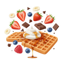 Delicious waffles with fresh berries and whipped cream isolated on transparent background