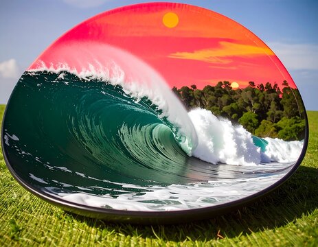 A vibrant plate reflecting sunset and wave