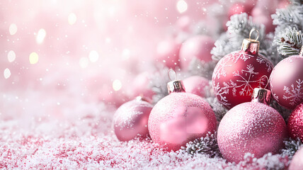 Background layout of a festive scene of pink and silver baubles frosted with snow and soft diffuse light