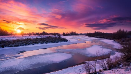 Frozen River At Sunset With Purple And Yellow Sky