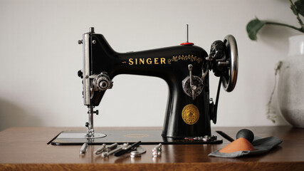 Antique black sewing machine standing on wooden surface near houseplant