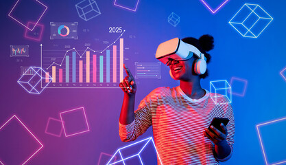 A dynamic businesswoman engages with virtual reality, analyzing growth charts and financial data in a vibrant, futuristic environment, showcasing innovative strategies. XDMCP