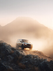 Dusty offroad vehicle ascends a rocky mountain trail at sunset. Adventure, exploration, and freedom. Ideal for travel, automotive, and outdoor lifestyle themes.