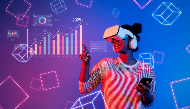 A dynamic businesswoman engages with virtual reality, analyzing growth charts and financial data in a vibrant, futuristic environment, showcasing innovative strategies. XDMCP