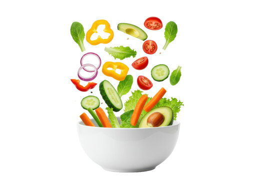 Vibrant red and yellow bell peppers, cherry tomatoes, cucumber, carrots, and avocado falling dynamically into a glossy white bowl on a clean studio background, fresh healthy food in motion concept