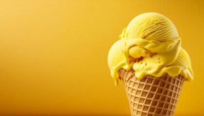 Delicious Yellow Ice Cream Scoops In Waffle Cones Against A Bright Yellow Background Perfect For Summer Treats And Desserts