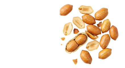 Golden-brown roasted peanuts, whole and broken, showing crinkled texture and exposed kernels, scattered on a transparent background with copy space, bright studio lighting. Appetizing food ingredient