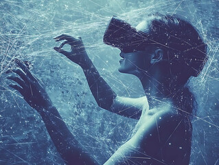 A woman wearing a VR headset interacts with a digital world, depicted in a stylized, ethereal blue tone with a superimposed weblike texture.