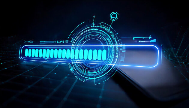 Stunning futuristic digital interface graphic.  Glowing cyan progress bar and intricate HUD elements on a dark background. Ideal for tech, innovation, AI, and loading screen concepts. - Powered by Adobe