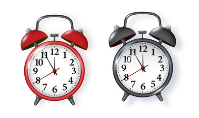 Black alarm clock on white background. Morning, reminder. Vector metal vintage ringing alarm clock on bright white background. Vector