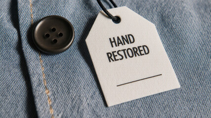 Hand restored tag hanging near black button on denim fabric background