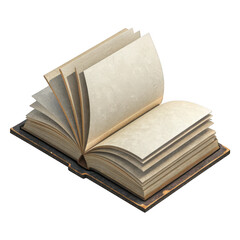 An Open Old Book with Blank Pages, transparent background Isolated on Black Background