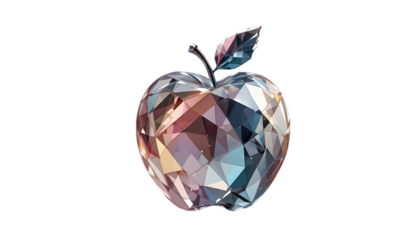 A faceted crystal apple isolated on transparent background with a shiny surface