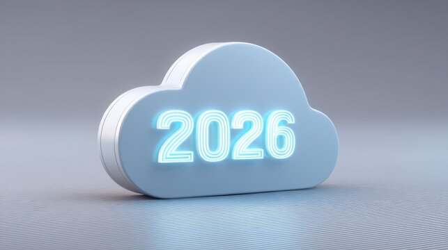 A stylized cloud shape featuring the year 2026 in glowing blue numbers.