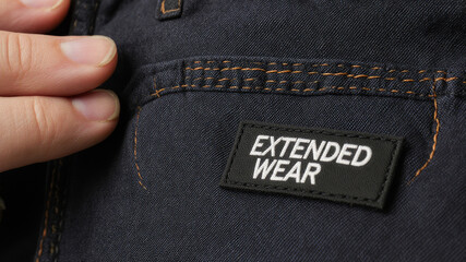Extended Wear label sewn on pocket of rugged blue denim garment