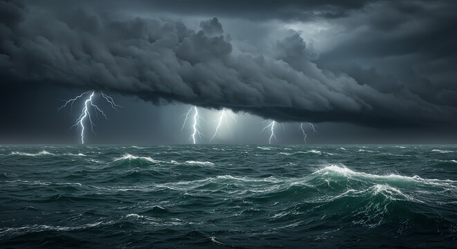Storm over ocean with lightning strikes