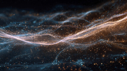 Hypnotic digital abstract background featuring glowing, flowing particle waves and connected data points. Vibrant blue and warm orange energy trails on a dark backdrop, perfect for technology, science