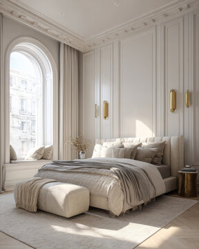 minimalist luxury bedroom interior featuring tufted fabric bed and ottoman in neutral beige tones, ornate wall paneling, gilded brass sconces, large arched window with cozy window seat in daylight.