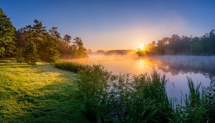 Serene Sunrise Over A Misty Lake Surrounded By Lush Greenery