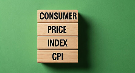 Consumer price index text on wooden blocks against a green background representing economic data analysis