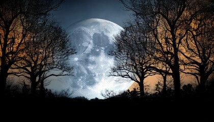 Night Moon Trees Dark Sky Full Moon Moonlight Branches Spooky Halloween Eerie Celestial Nature Mystic 100Charact