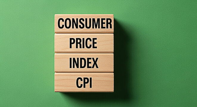 Consumer price index text on wooden blocks against a green background representing economic data analysis