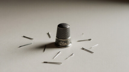Metal thimble surrounded by scattered straight pins on grey background