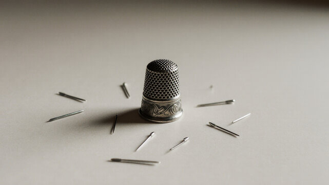 Metal thimble surrounded by scattered straight pins on grey background - Powered by Adobe