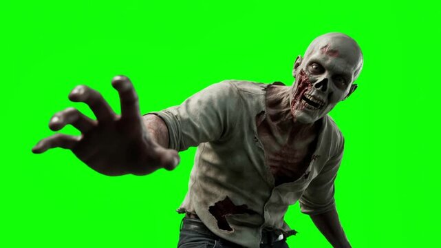 Undead zombie lunging forward on chroma key green screen, horror Halloween concept. 4K. 
