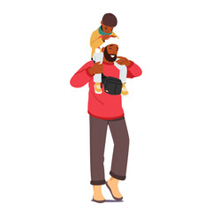 Happy father wearing Santa hat carrying son on shoulder walking isolated on white background