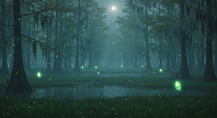 Swamp forest with glowing fireflies and moon