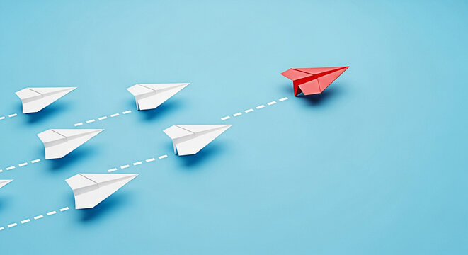 Red paper airplane leading a group of white planes on a blue background showing leadership concept