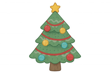 Naklejka premium Green christmas tree standing, decorated with a golden star, colorful ornaments, and red ribbons, on a transparent background