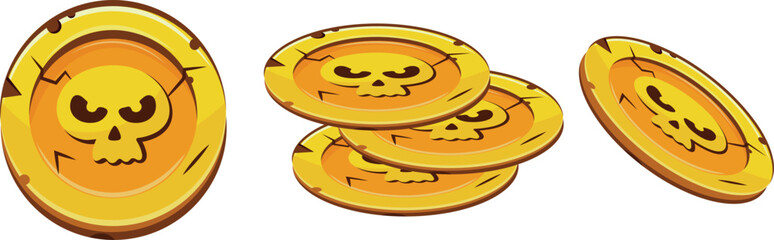 set of gold slot coins with a Halloween design, namely with skulls with stern facial expressions, game coins, icons or other game designs