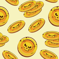 pattern with gold coins slots with Halloween design, namely with skulls with a stern facial expression on a yellow background, coins for the game, icons or other gaming designs