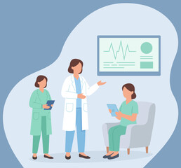 A female doctor leads a medical team meeting, discussing patient data shown on a monitor. The nurses take notes, illustrating healthcare collaboration