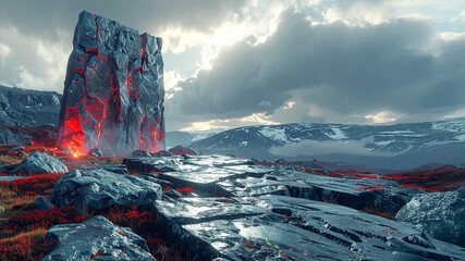 Massive monolith glowing with red lava in a rugged mountain landscape. AI-generated science fiction visual representing power, ancient technology, and environmental extremes. Conceptual future stock.