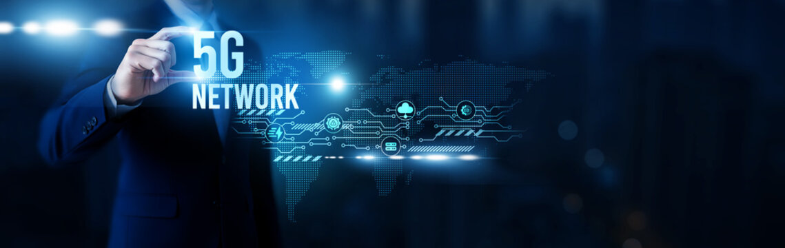 Businessman hold word 5G Network, ultra-fast connectivity, mobile broadband innovation, wireless communication infrastructure, digital transformation and global network. network - Powered by Adobe