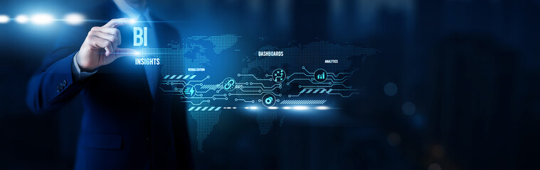 Fototapeta premium Businessman hold word BI, business intelligence tools, data visualization platforms, predictive analytics solutions, corporate decision-making systems and global network.