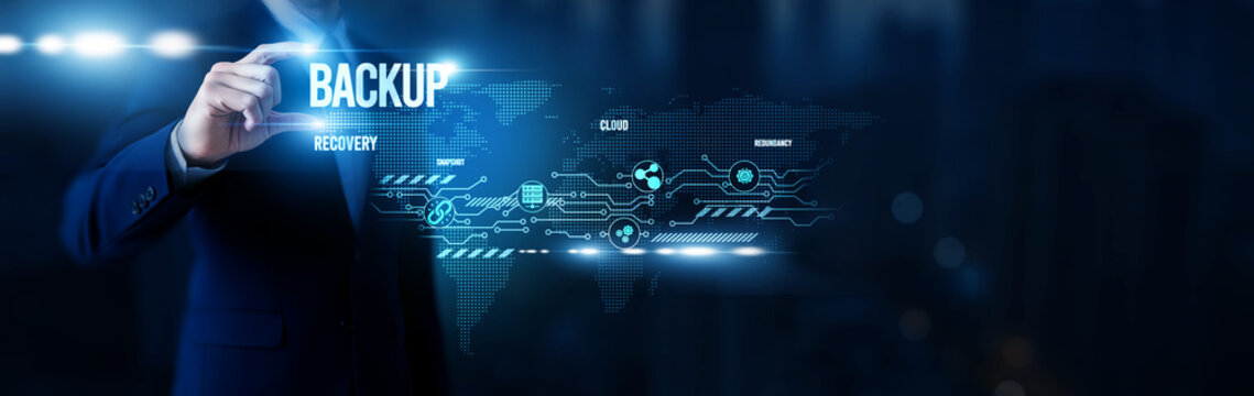 Businessman hold word Backup, cloud storage systems, disaster recovery solutions, secure data archiving, enterprise continuity planning and global network.