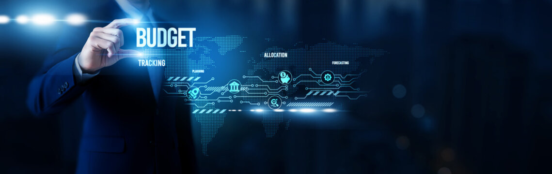 Businessman hold word Budget, financial planning tools, corporate expense management, strategic cost optimization, enterprise forecasting systems and global network.