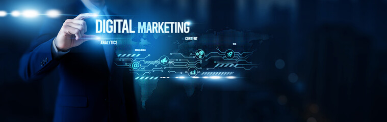Businessman hold word Digital Marketing, search engine optimization, content marketing strategies, social media campaigns, performance analytics tools and global network.