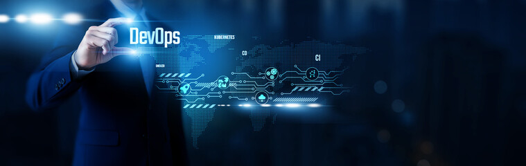 Businessman hold word DevOps, continuous integration platforms, agile deployment systems, automation pipelines, collaborative development frameworks and global network.