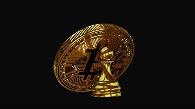 Exclusive Business and Finance Animation with Golden Pawn Chess Piece and Bitcoin in Unique Looped Rotation, Perfect Transparent Alpha Channel