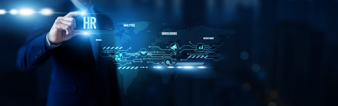 Businessman hold word HR, human resource management, talent acquisition systems, employee engagement tools, workforce optimization platforms and global network.