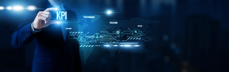 Businessman hold word KPI, key performance indicators, business metrics tracking, organizational performance analytics, strategic growth measurement tools and global network.