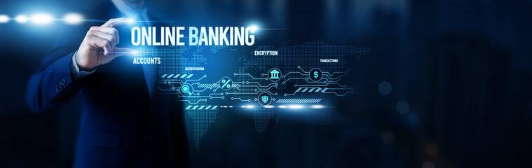Businessman hold word Online Banking, digital financial platforms, mobile banking applications, secure transaction systems, fintech-driven services and global network.