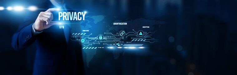 Businessman hold word Privacy, data protection systems, user consent management, secure information...