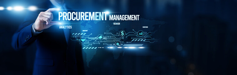 Businessman hold word Procurement Management, supplier relationship systems, sourcing optimization platforms, enterprise contract management, cost efficiency tools and global network.